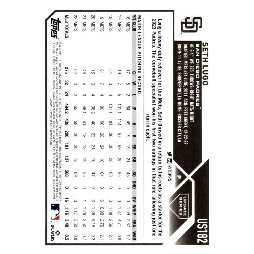2023 Topps Update Series #US182 Seth Lugo NM-MT San Diego Padres Baseball Card - Baseball Card Single