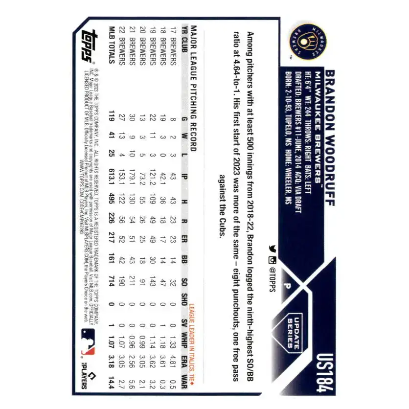 2023 Topps Update Series #US184 Brandon Woodruff NM-MT Milwaukee Brewers Baseball Card - Baseball Card