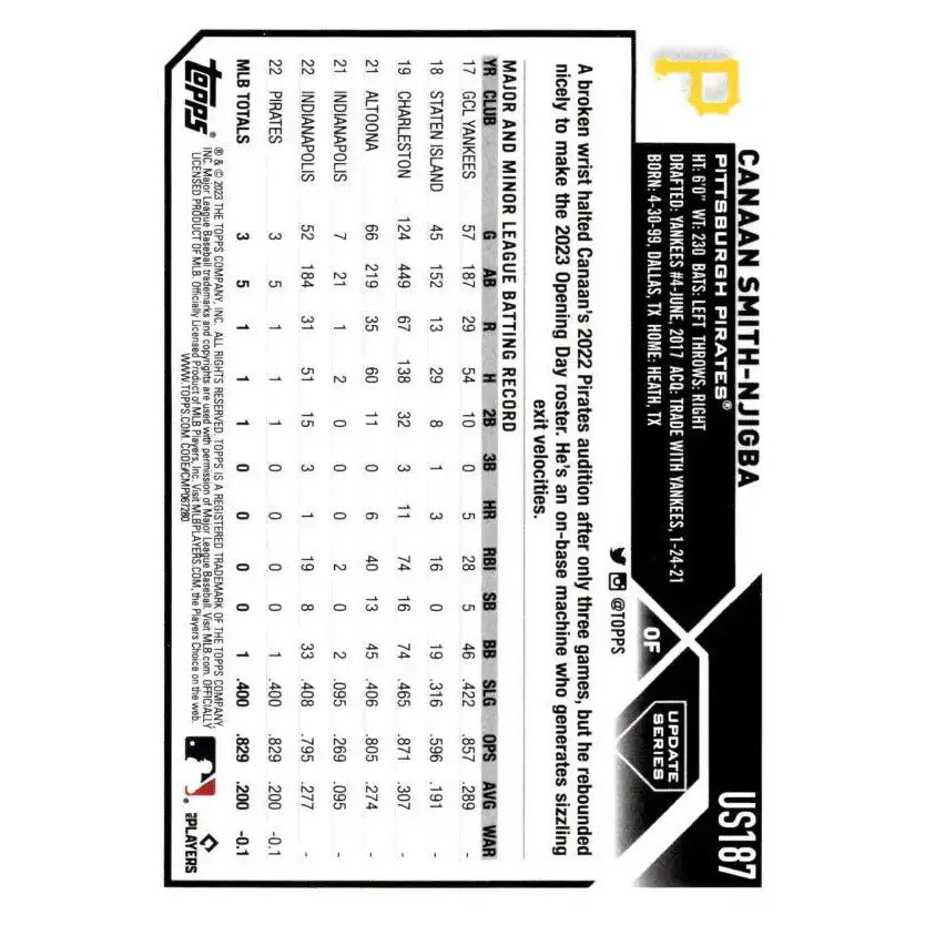 2023 Topps Update Series #US187 Canaan Smith-Njigba NM-MT RC Rookie Pittsburgh Pirates Baseball Card