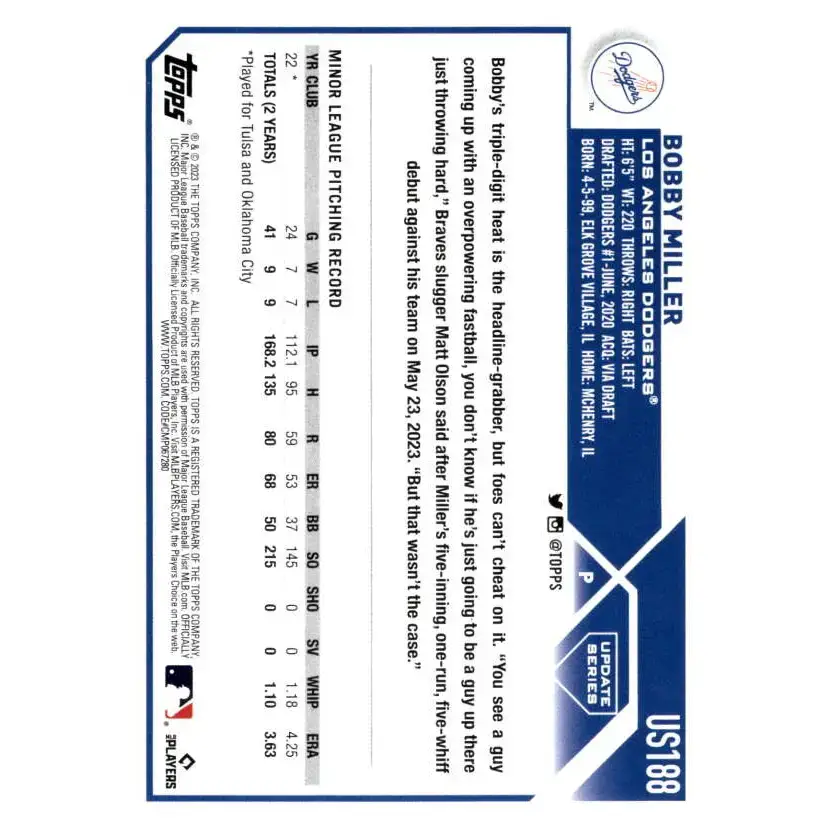 2023 Topps Update Series #US188 Bobby Miller NM-MT RC Rookie Los Angeles Dodgers Baseball Card - Baseball Card Single