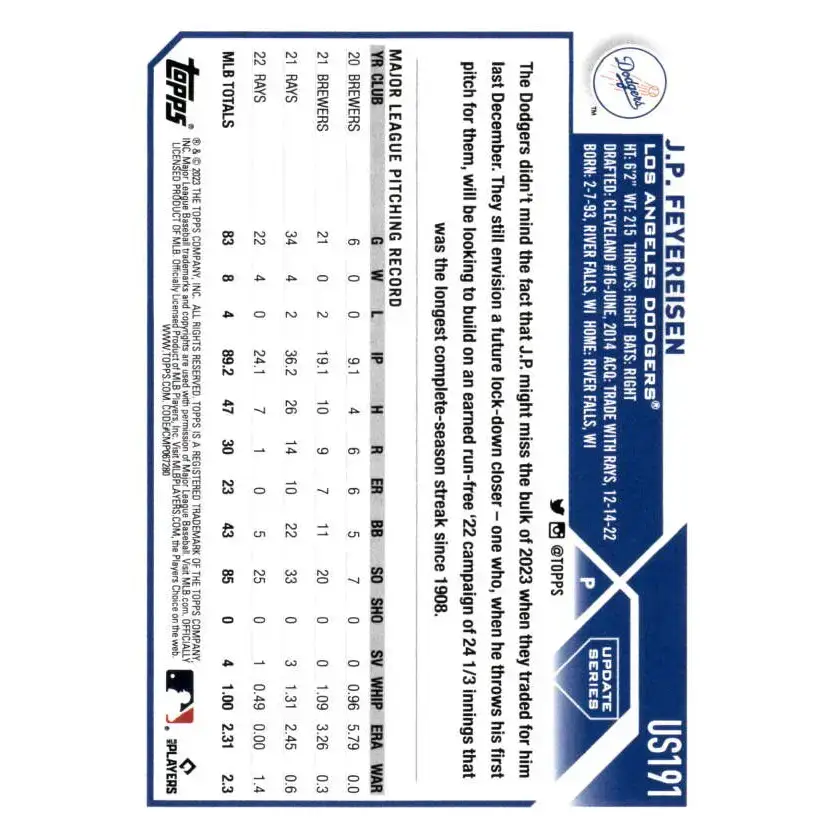 2023 Topps Update Series #US191 J.P. Feyereisen NM-MT Los Angeles Dodgers Baseball Card - Baseball Card