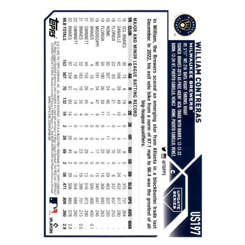 2023 Topps Update Series #US197 William Contreras NM-MT Milwaukee Brewers Baseball Card - Baseball Card Single