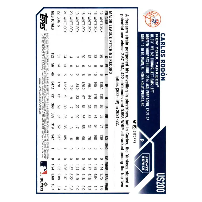 2023 Topps Update Series #US200 Carlos Rodon NM-MT New York Yankees Baseball Card - Baseball Card Single