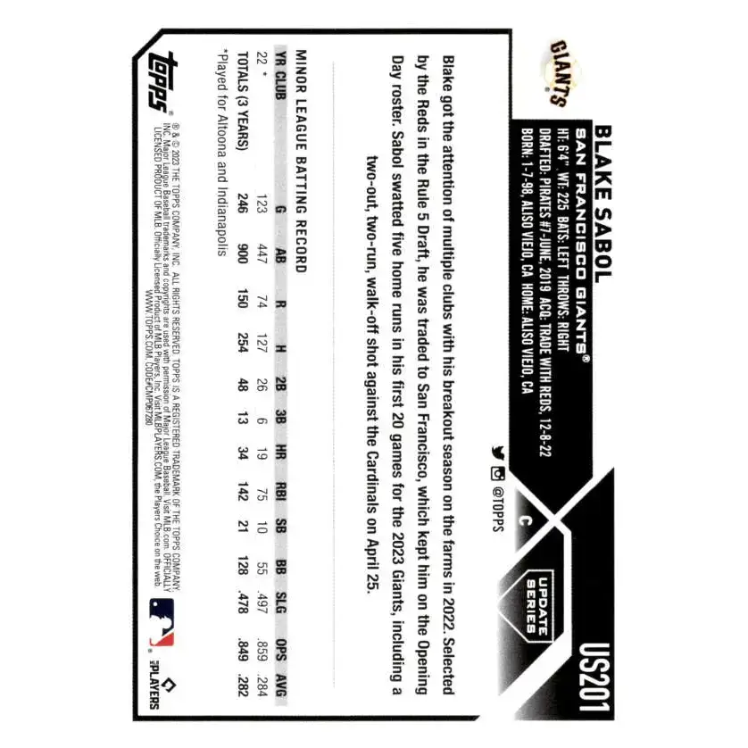 2023 Topps Update Series #US201 Blake Sabol NM-MT RC Rookie San Francisco Giants Baseball Card - Baseball Card Single