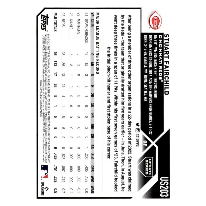 2023 Topps Update Series #US203 Stuart Fairchild NM-MT Cincinnati Reds Baseball Card - Baseball Card Single