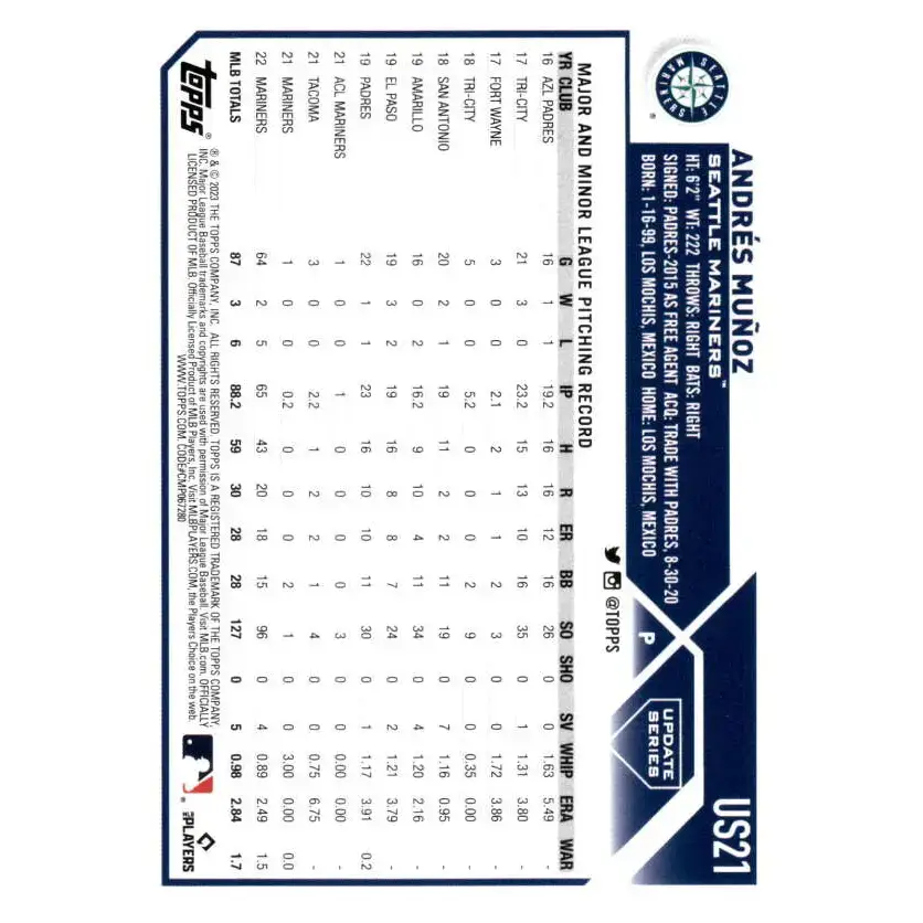 2023 Topps Update Series #US21 Andres Munoz NM-MT Seattle Mariners Baseball Card - Baseball Card Single