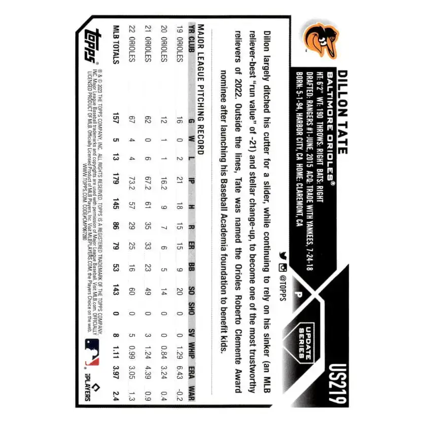 2023 Topps Update Series #US219 Dillon Tate NM-MT Baltimore Orioles Baseball Card - Baseball Card Single