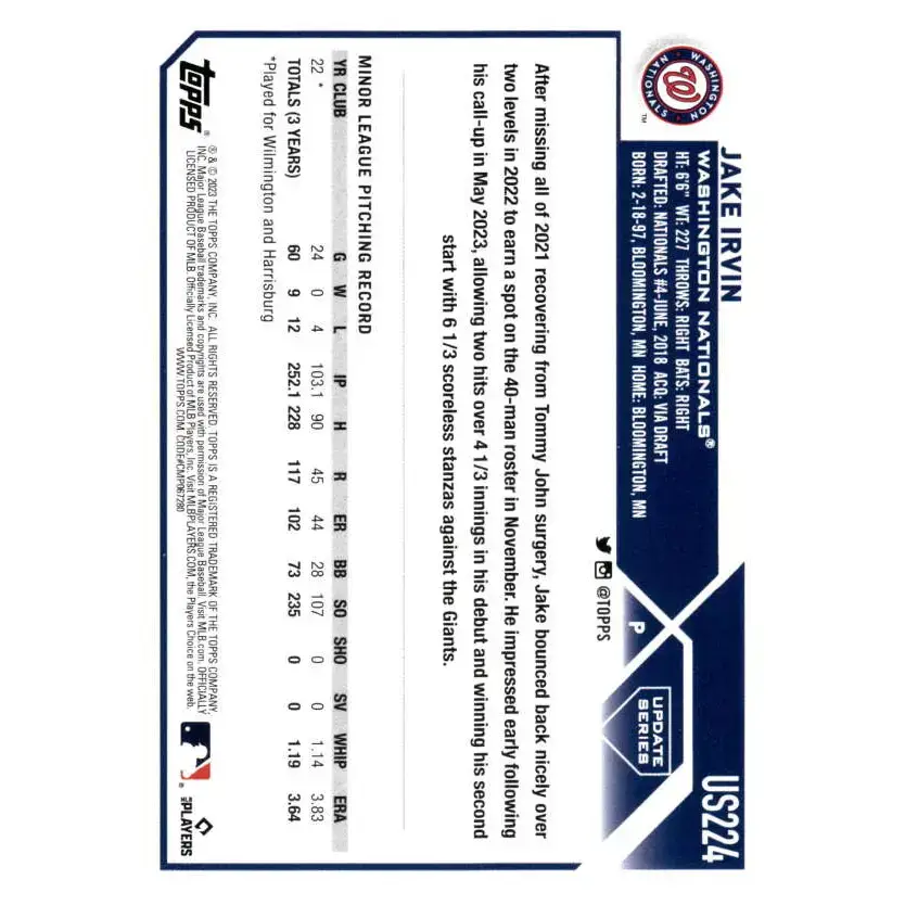 2023 Topps Update Series #US224 Jake Irvin NM-MT RC Rookie Washington Nationals Baseball Card - Baseball Card Single