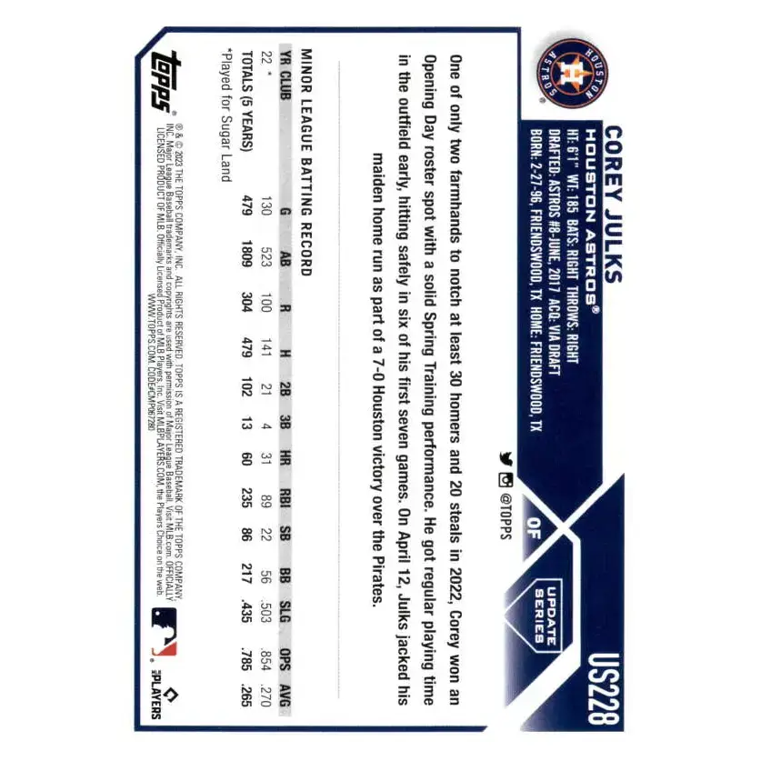 2023 Topps Update Series #US228 Corey Julks NM-MT RC Rookie Houston Astros Baseball Card - Baseball Card
