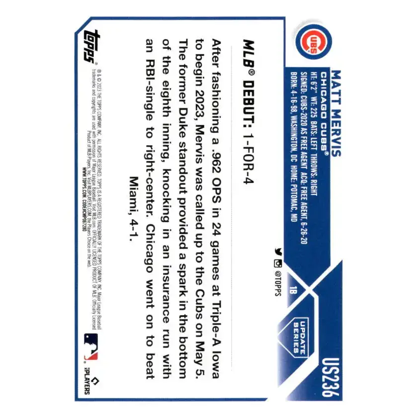 2023 Topps Update Series #US236 Matt Mervis NM-MT Chicago Cubs Baseball Card - Baseball Card Single