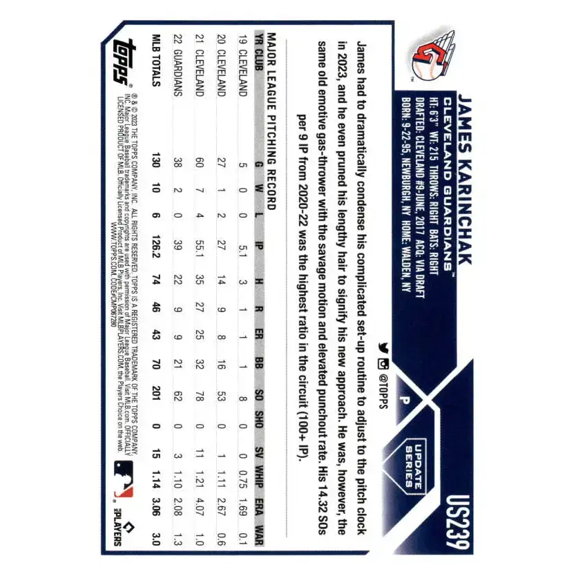 2023 Topps Update Series #US239 James Karinchak NM-MT Cleveland Guardians Baseball Card - Baseball Card