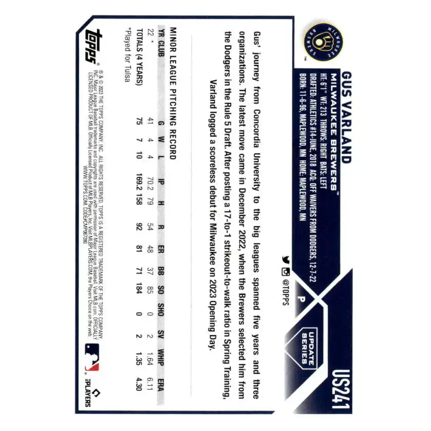 2023 Topps Update Series #US241 Gus Varland NM-MT RC Rookie Milwaukee Brewers Baseball Card - Baseball Card Single