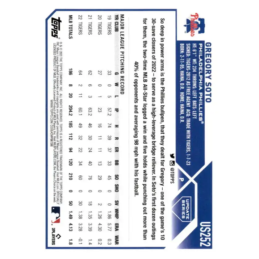 2023 Topps Update Series #US252 Gregory Soto NM-MT Philadelphia Phillies Baseball Card - Baseball Card