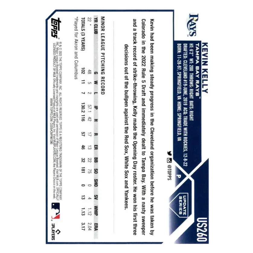 2023 Topps Update Series #US260 Kevin Kelly NM-MT RC Rookie Tampa Bay Rays Baseball Card - Baseball Card