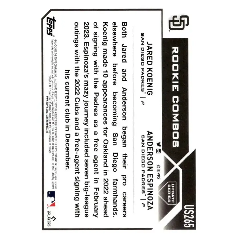 2023 Topps Update Series #US265 Jared Koenig/Anderson Espinoza NM-MT RC Rookie Padres Baseball Card - Baseball Card