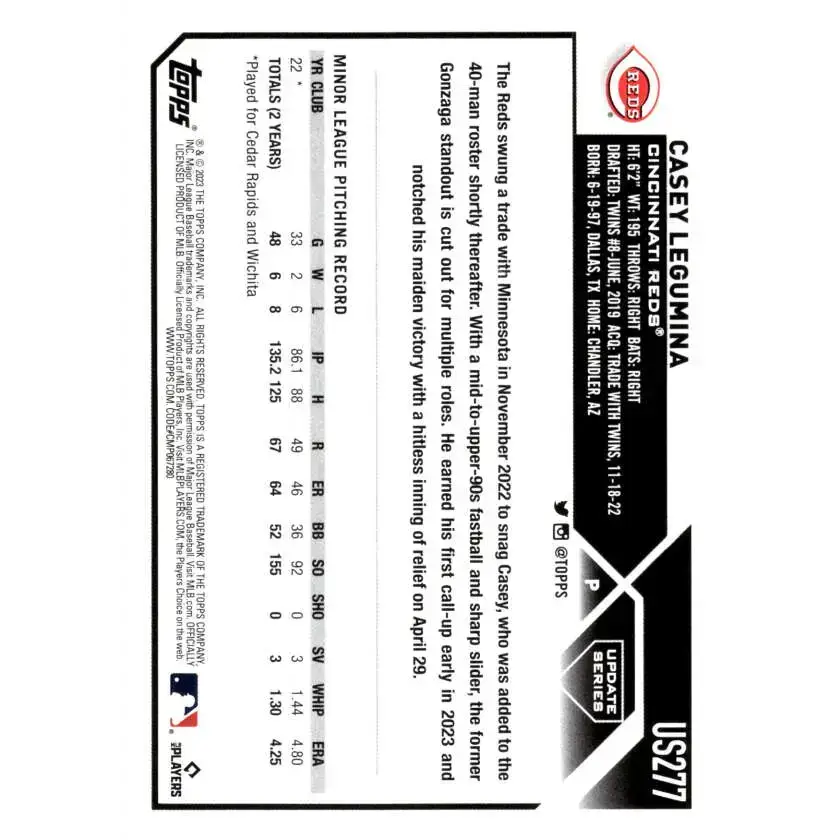 2023 Topps Update Series #US277 Casey Legumina NM-MT RC Rookie Cincinnati Reds Baseball Card - Baseball Card Single