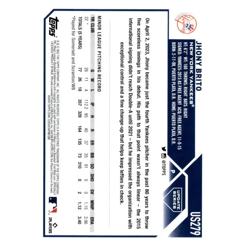 2023 Topps Update Series #US279 Jhony Brito NM-MT RC Rookie New York Yankees Baseball Card - Baseball Card