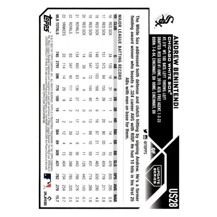 2023 Topps Update Series #US28 Andrew Benintendi NM-MT Chicago White Sox Baseball Card - Baseball Card Single