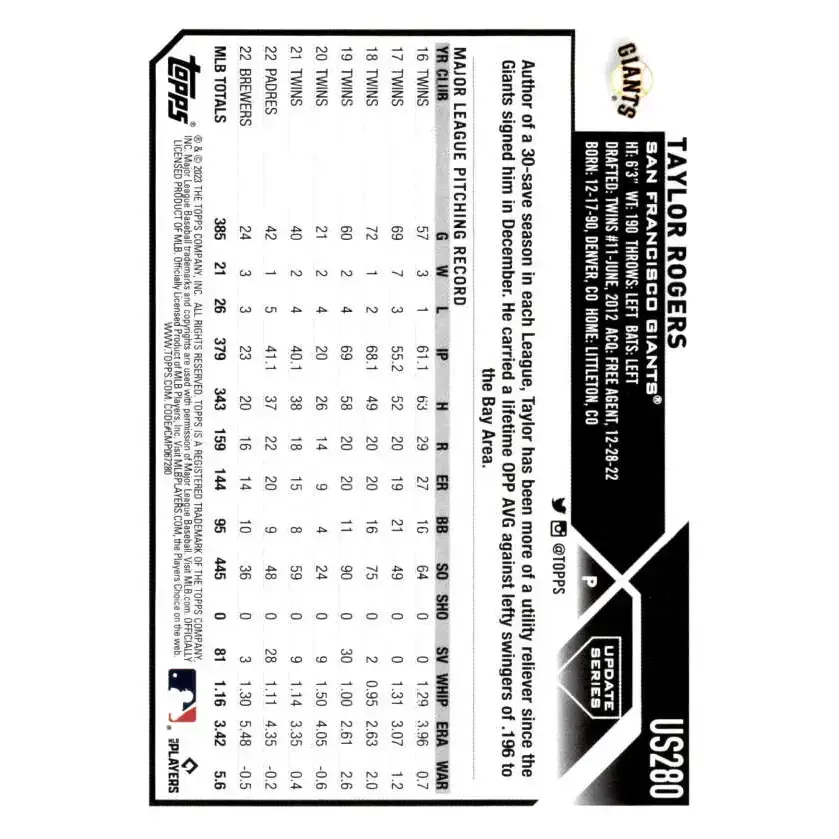 2023 Topps Update Series #US280 Taylor Rogers NM-MT San Francisco Giants Baseball Card - Baseball Card