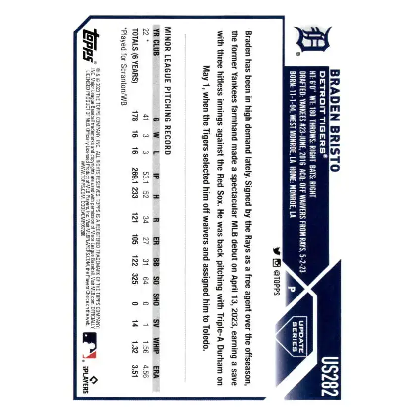 2023 Topps Update Series #US282 Braden Bristo NM-MT RC Rookie Detroit Tigers Baseball Card