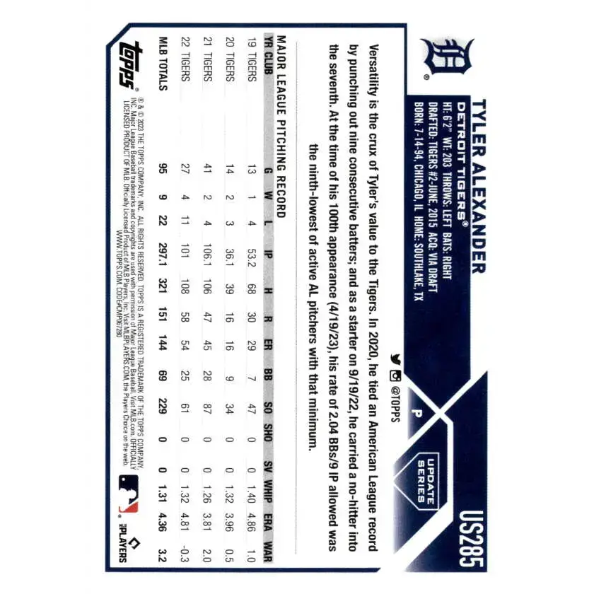 2023 Topps Update Series #US285 Tyler Alexander NM-MT Detroit Tigers Baseball Card - Baseball Card Single