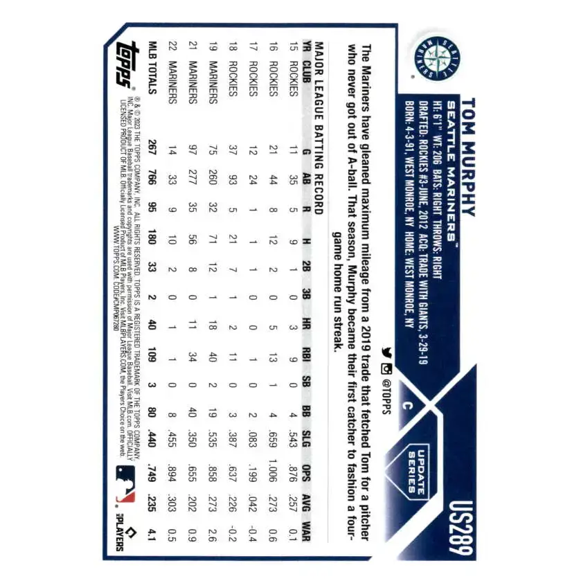 2023 Topps Update Series #US289 Tom Murphy NM-MT Seattle Mariners Baseball Card - Baseball Card Single