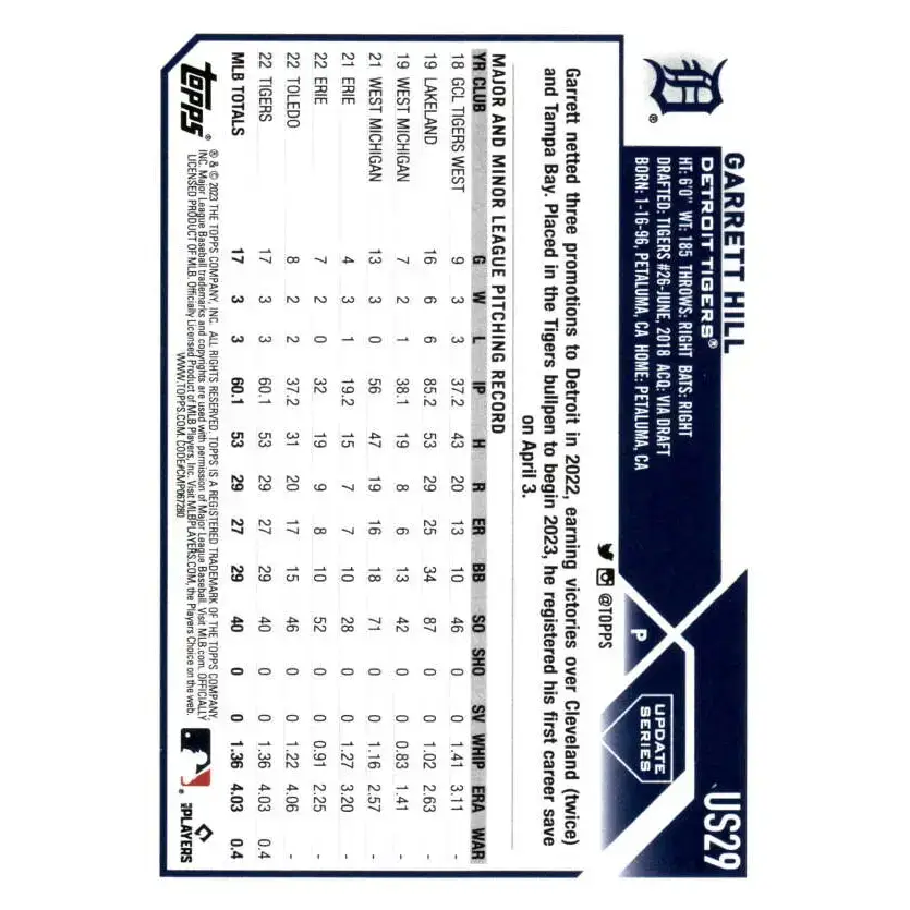 2023 Topps Update Series #US29 Garrett Hill NM-MT RC Rookie Detroit Tigers Baseball Card