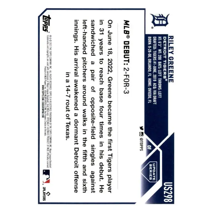 2023 Topps Update Series #US298 Riley Greene NM-MT Detroit Tigers Baseball Card - Baseball Card