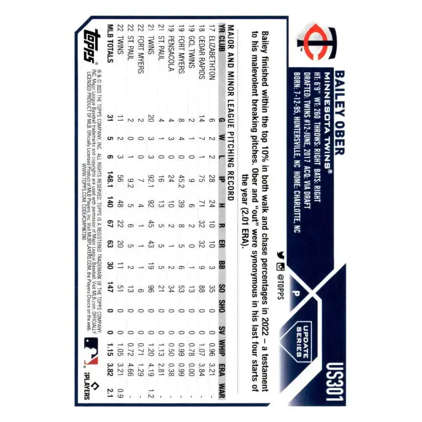2023 Topps Update Series #US301 Bailey Ober NM-MT Minnesota Twins Baseball Card - Baseball Card Single