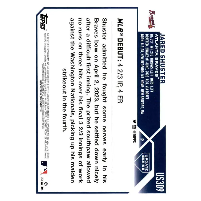 2023 Topps Update Series #US309 Jared Shuster NM-MT Atlanta Braves Baseball Card - Baseball Card Single