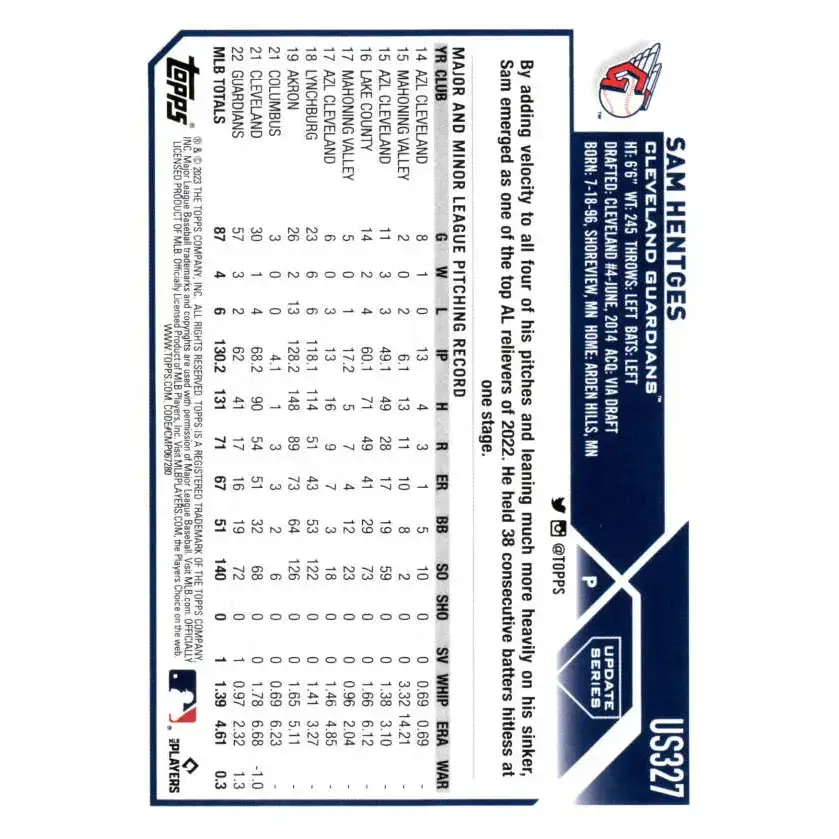 2023 Topps Update Series #US327 Sam Hentges NM-MT Cleveland Guardians Baseball Card - Baseball Card