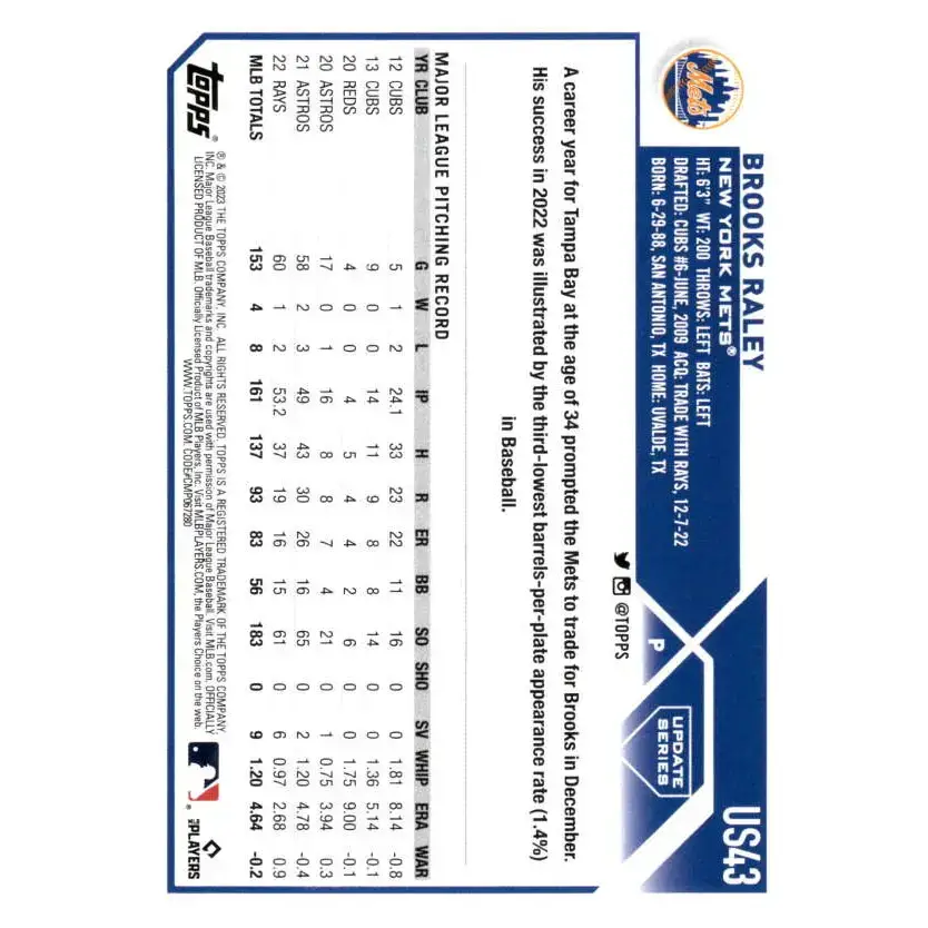 2023 Topps Update Series #US43 Brooks Raley NM-MT New York Mets Baseball Card - Baseball Card Single
