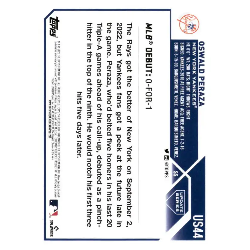 2023 Topps Update Series #US44 Oswald Peraza NM-MT New York Yankees Baseball Card - Baseball Card