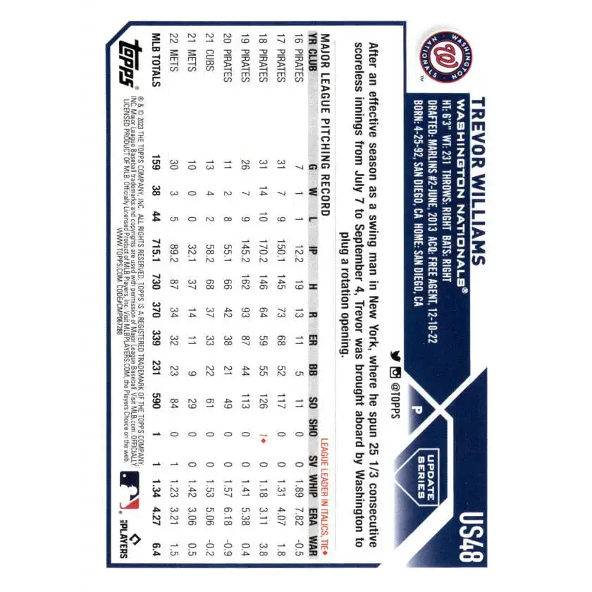 2023 Topps Update Series #US48 Trevor Williams NM-MT Washington Nationals Baseball Card - Baseball Card Single