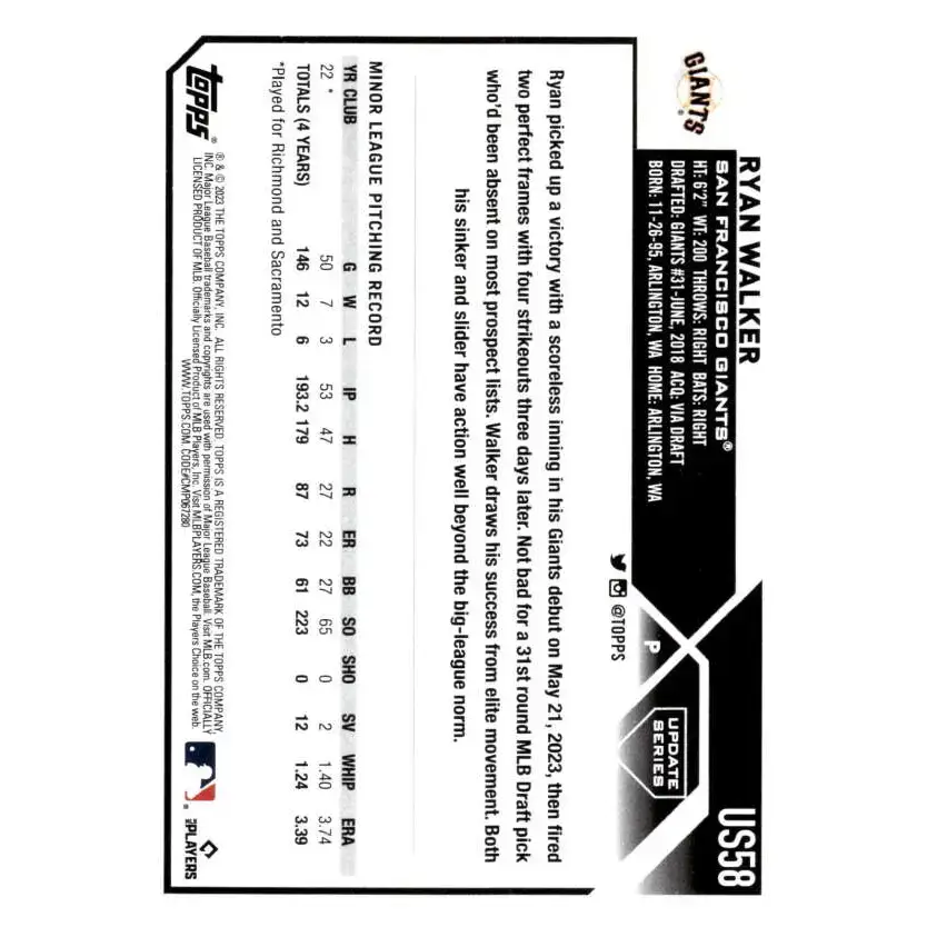 2023 Topps Update Series #US58 Ryan Walker NM-MT RC Rookie San Francisco Giants Baseball Card - Baseball Card