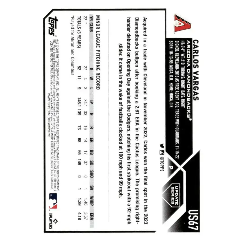 2023 Topps Update Series #US67 Carlos Vargas NM-MT RC Rookie Arizona Diamondbacks Baseball Card - Baseball Card Single