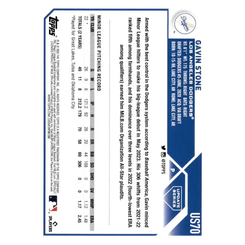 2023 Topps Update Series #US70 Gavin Stone NM-MT RC Rookie Los Angeles Dodgers Baseball Card - Baseball Card Single