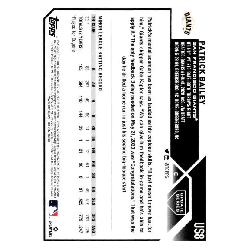 2023 Topps Update Series #US8 Patrick Bailey NM-MT RC Rookie San Francisco Giants Baseball Card - Baseball Card Single