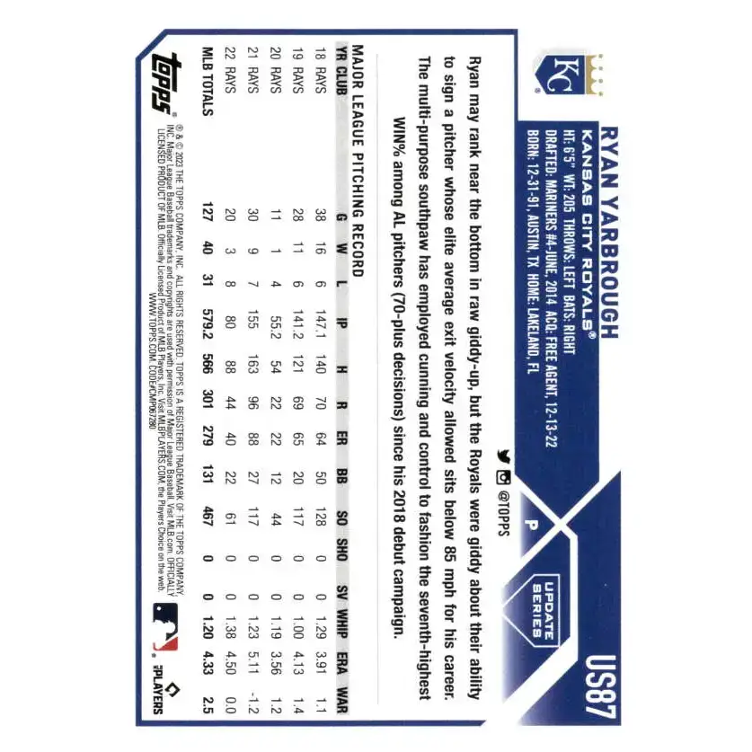 2023 Topps Update Series #US87 Ryan Yarbrough NM-MT Kansas City Royals Baseball Card - Baseball Card Single