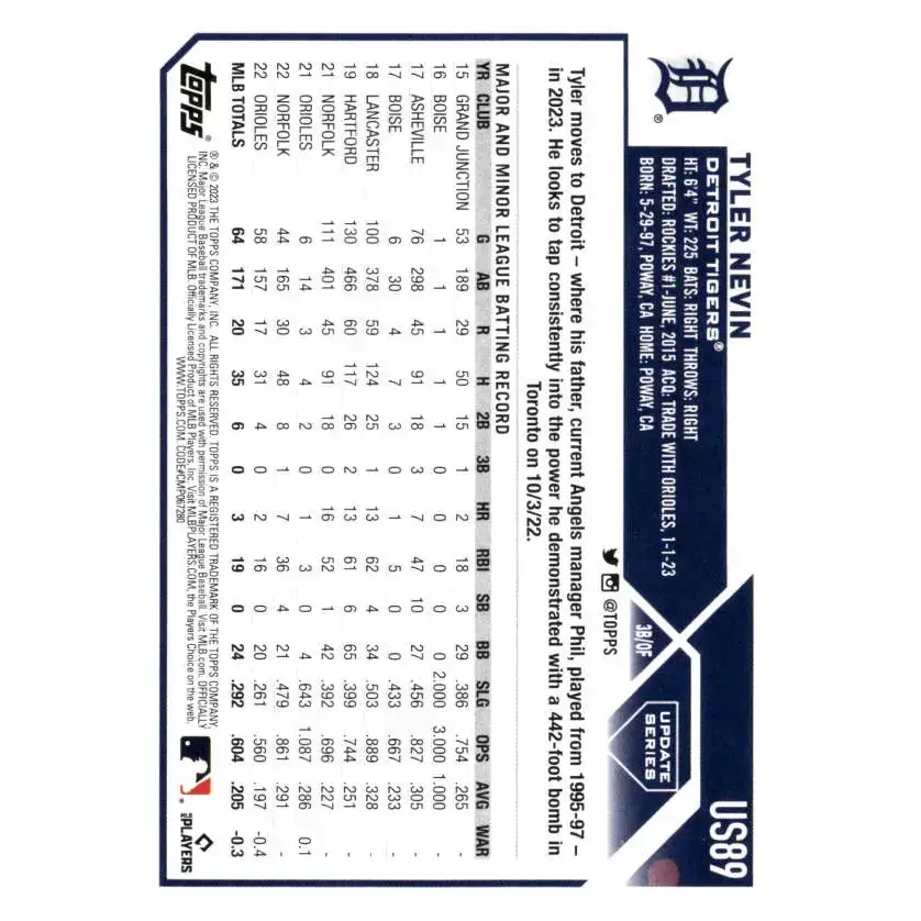 2023 Topps Update Series #US89 Tyler Nevin NM-MT Detroit Tigers Baseball Card