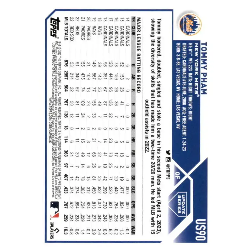 2023 Topps Update Series #US90 Tommy Pham NM-MT New York Mets Baseball Card - Baseball Card Single