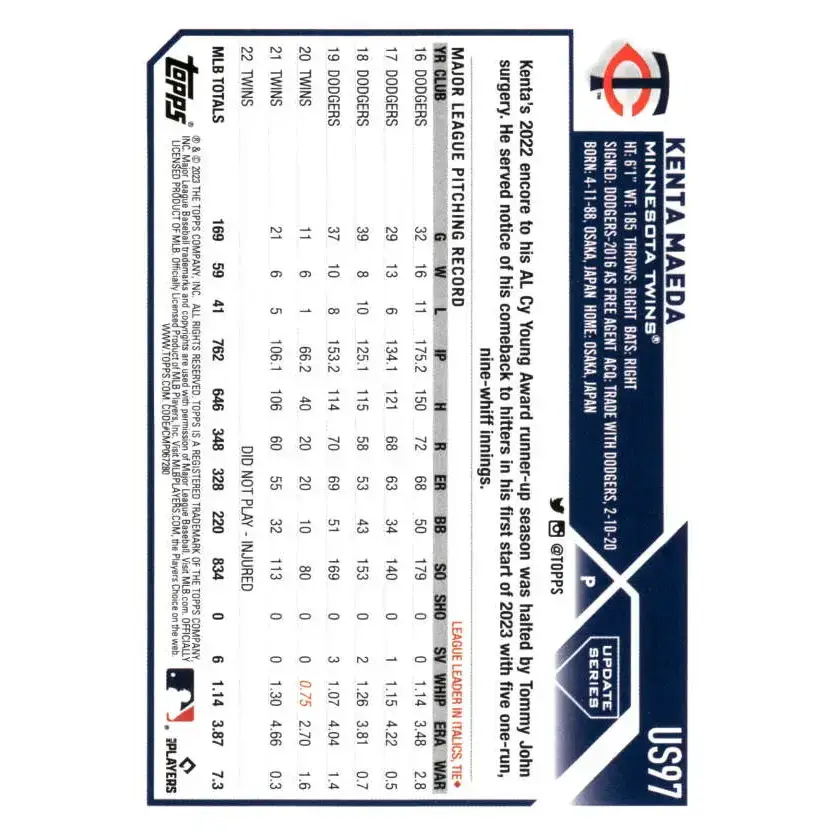 2023 Topps Update Series #US97 Kenta Maeda NM-MT Minnesota Twins Baseball Card - Baseball Card Single
