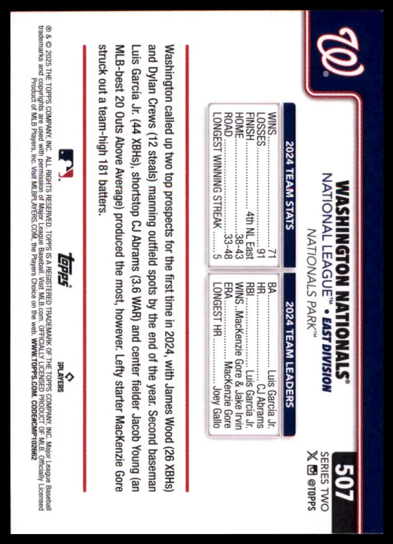2023 Topps Washington Nationals 316 Washington Nationals NM - Baseball Card Single