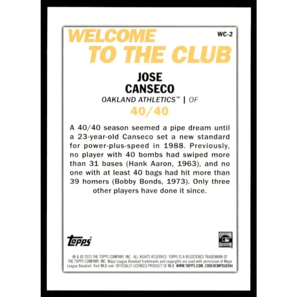 2023 Topps Welcome to the Club #WC-2 Jose Canseco NM-MT Oakland Athletics Baseball Card - Baseball Card Single