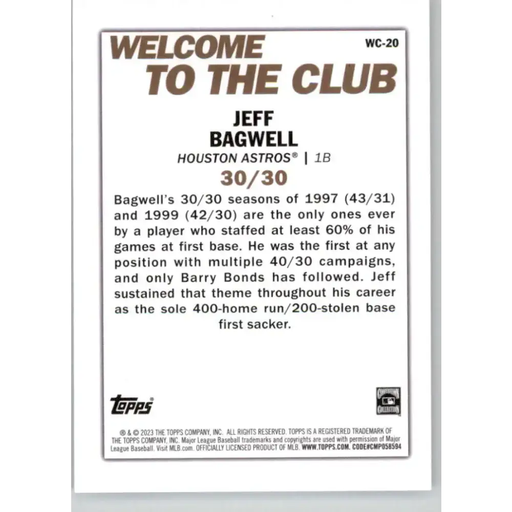 2023 Topps Welcome to the Club #WC-20 Jeff Bagwell NM-MT Houston Astros Baseball Card - Baseball Card Single