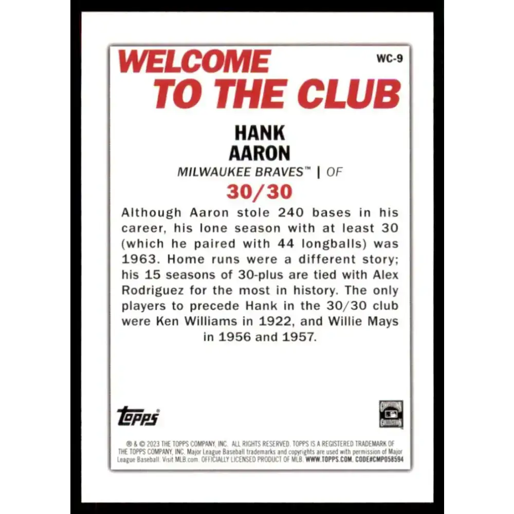 2023 Topps Welcome to the Club #WC-9 Hank Aaron NM-MT Milwaukee Braves Baseball Card - Baseball Card Single