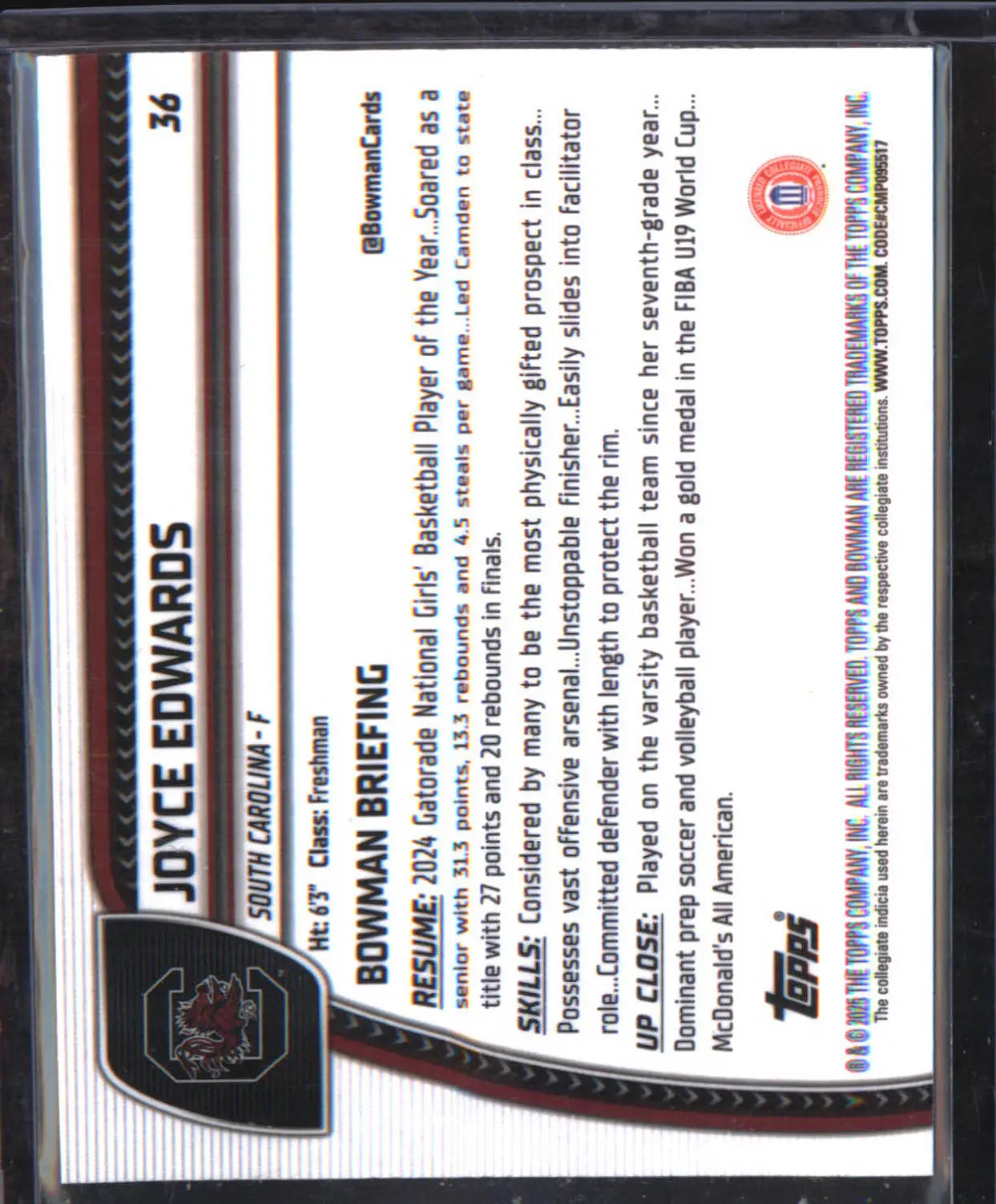 2024-25 Bowman Chrome Blue Reptilian Refractor #36 Joyce Edwards #/150 - Basketball Card Single