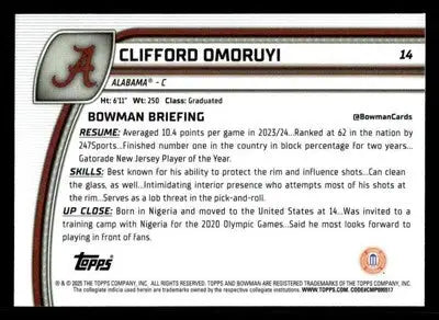 2024-25 Bowman University Chrome #14 Clifford Omoruyi - Basketball Card Single