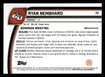 2024-25 Bowman University Chrome #72 Ryan Nembhard - Basketball Card Single