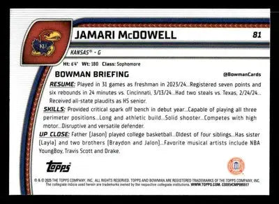 2024-25 Bowman University Chrome #81 Jamari McDowell - Basketball Card Single